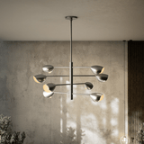 8-Light Chandelier Ceiling Light, Curved Disk Shades, Chrome Finish Hardware, 120V, Bulb Type B10, Socket type E12, Max wattage Per Socket 60W - 33.5”D x 18.5“H