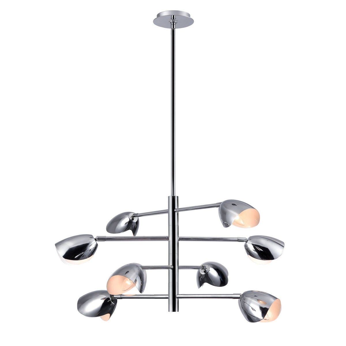 8-Light Chandelier Ceiling Light, Curved Disk Shades, Chrome Finish Hardware, 120V, Bulb Type B10, Socket type E12, Max wattage Per Socket 60W - 33.5”D x 18.5“H
