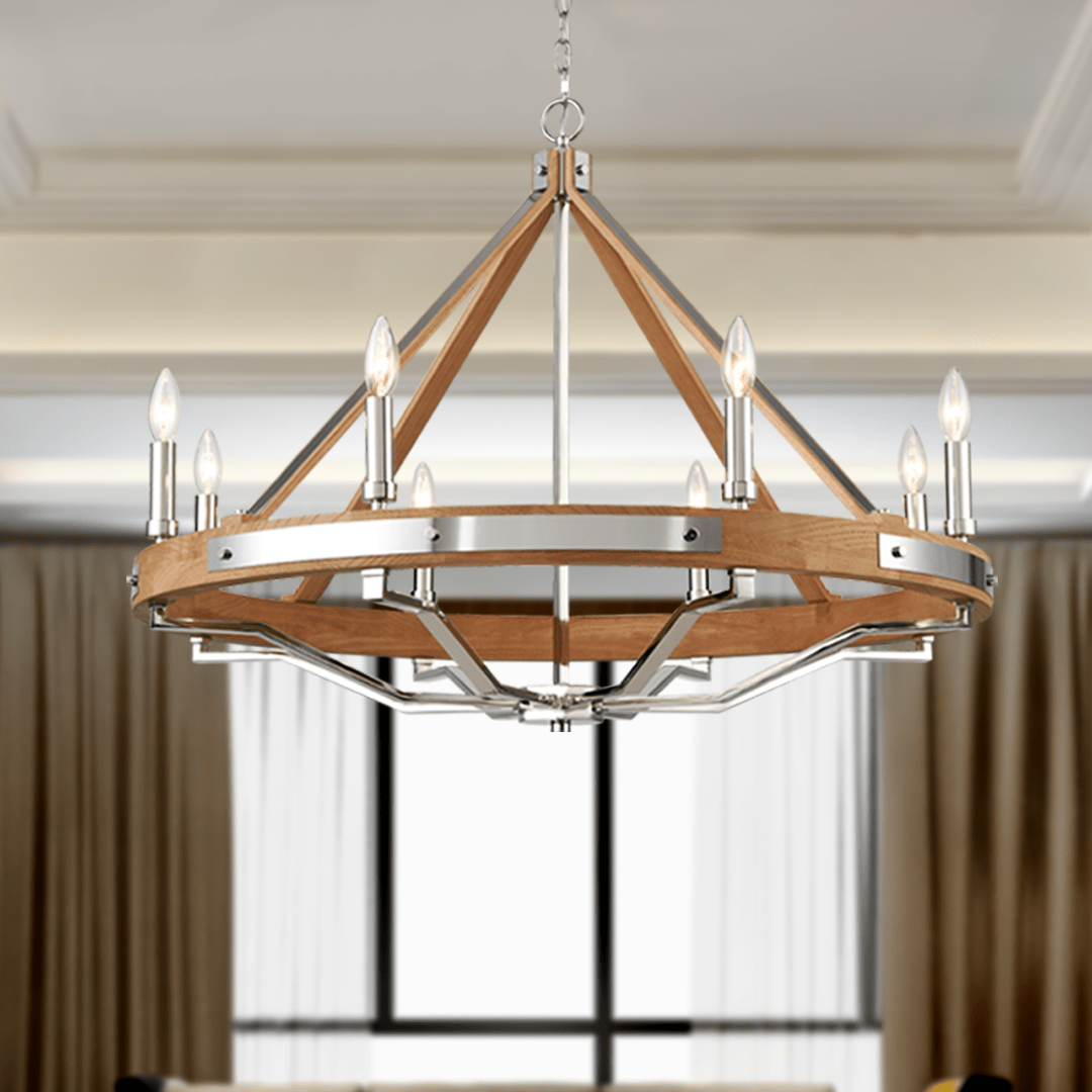 8-Light Farmhouse Chandelier, E12 Base, Polished Nickel Finish Hardware with Nature Solid Ashwood - 34“D x 26”H