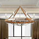 8-Light Farmhouse Chandelier, E12 Base, Polished Nickel Finish Hardware with Nature Solid Ashwood - 34“D x 26”H