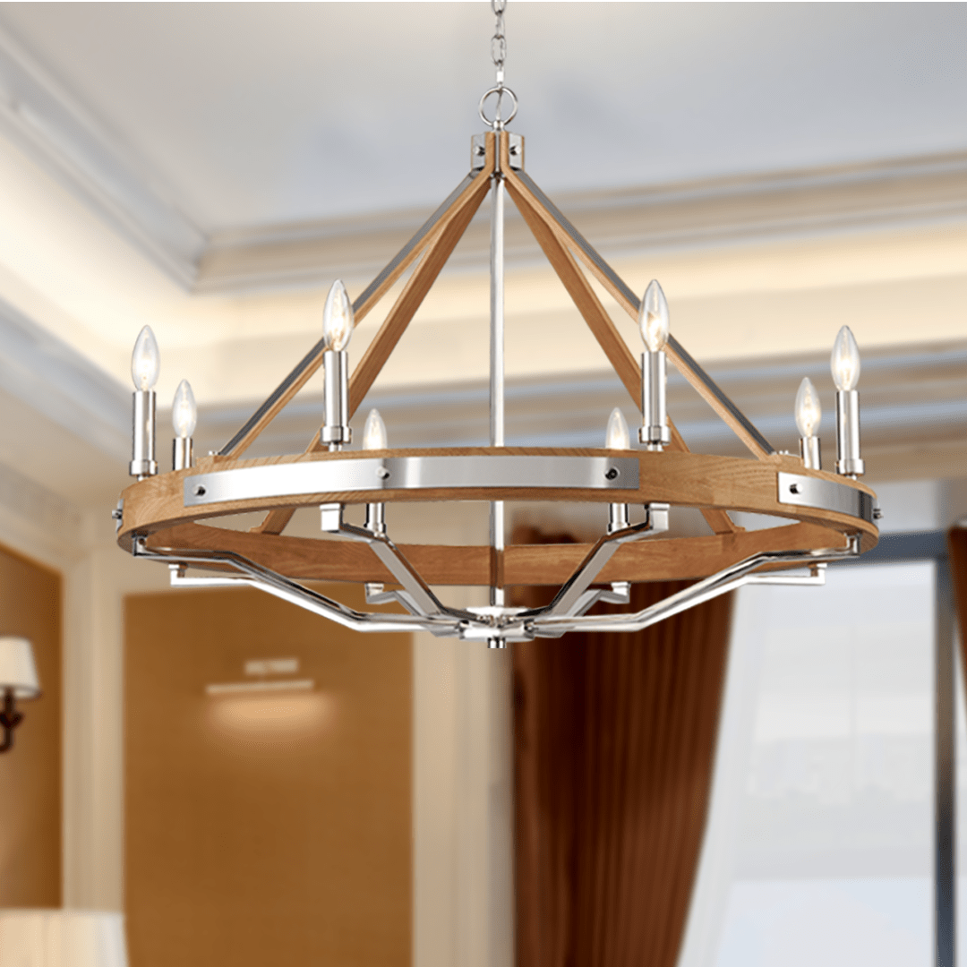 8-Light Farmhouse Chandelier, E12 Base, Polished Nickel Finish Hardware with Nature Solid Ashwood - 34“D x 26”H