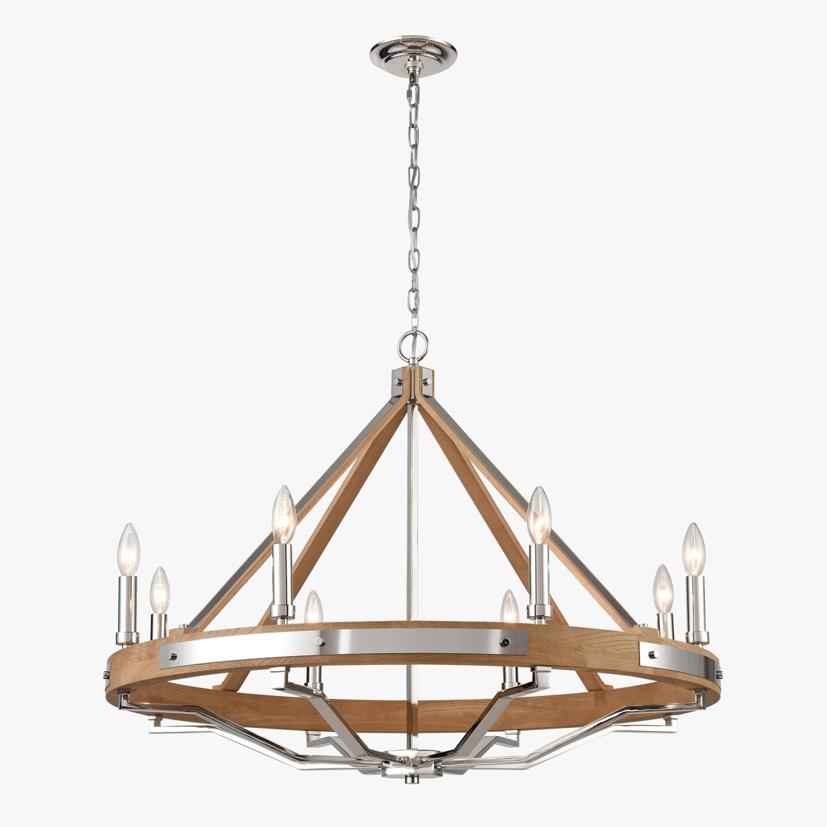 8-Light Farmhouse Chandelier, E12 Base, Polished Nickel Finish Hardware with Nature Solid Ashwood - 34“D x 26”H