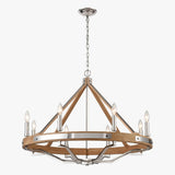 8-Light Farmhouse Chandelier, E12 Base, Polished Nickel Finish Hardware with Nature Solid Ashwood - 34“D x 26”H