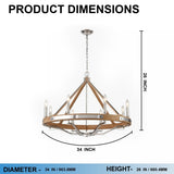 8-Light Farmhouse Chandelier, E12 Base, Polished Nickel Finish Hardware with Nature Solid Ashwood - 34“D x 26”H