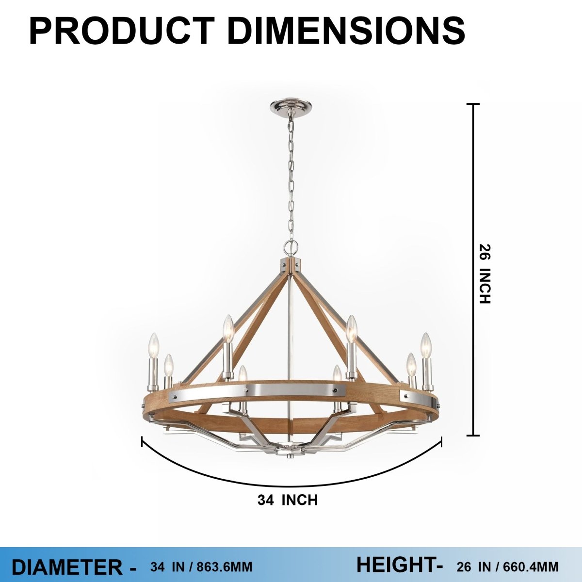 8-Light Farmhouse Chandelier, E12 Base, Polished Nickel Finish Hardware with Nature Solid Ashwood - 34“D x 26”H
