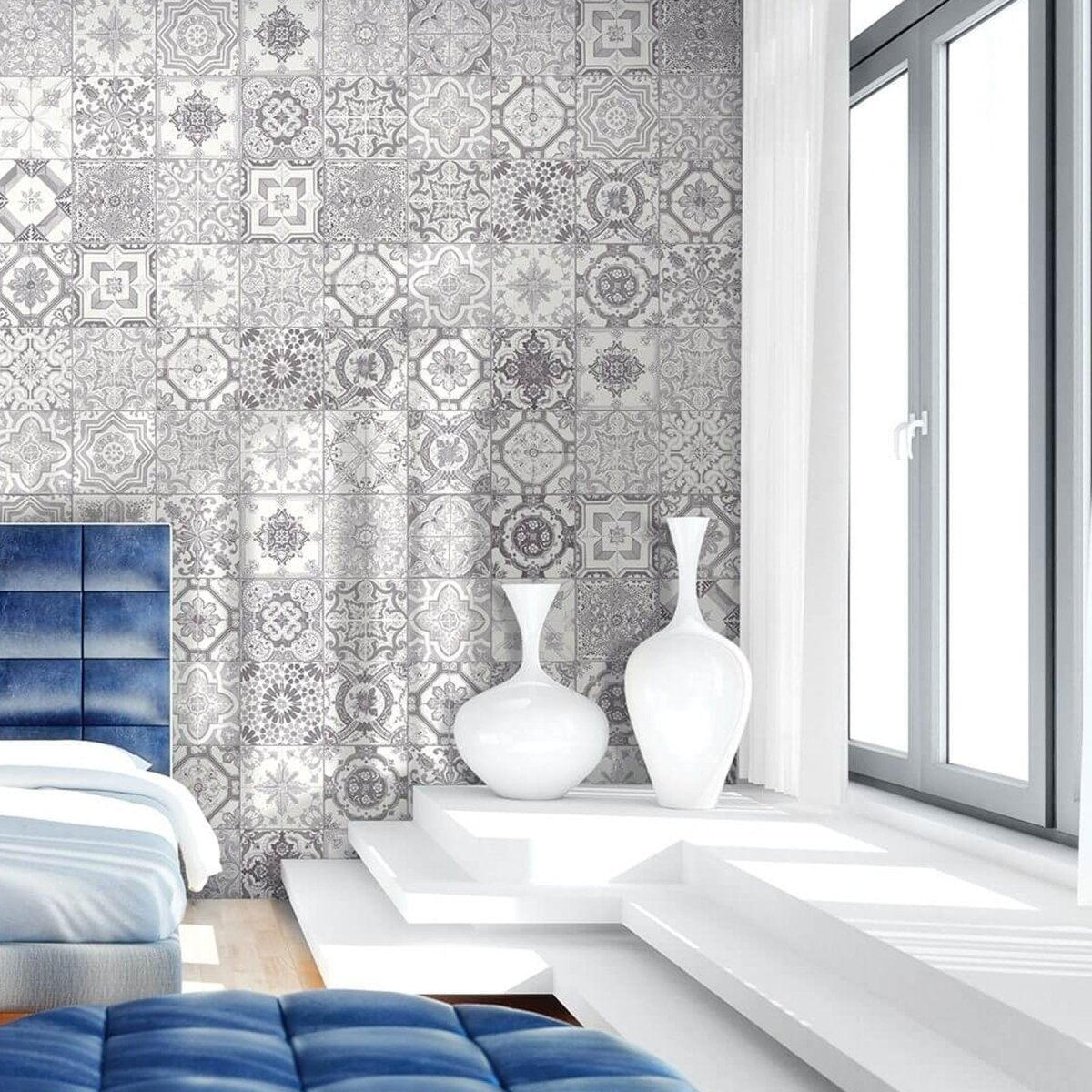 8 X 8 In Marrakesh Grey Glossy Pressed Glazed Ceramic