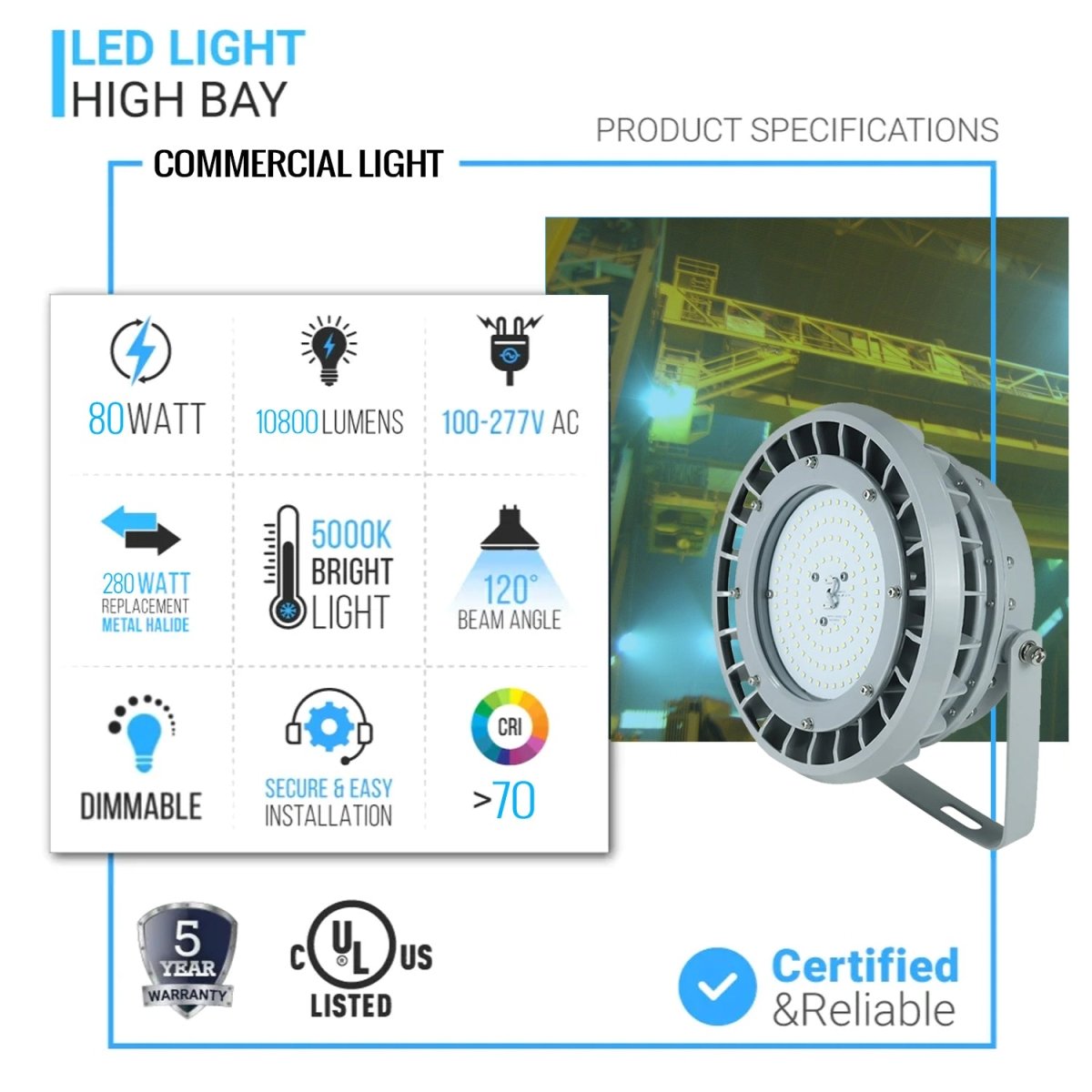 80 Watt LED Explosion Proof Round High Bay Light, B Series, Dimmable, 5000K, 10800LM, AC100-277V, IP66, Hazardous Location Lighting Fixtures