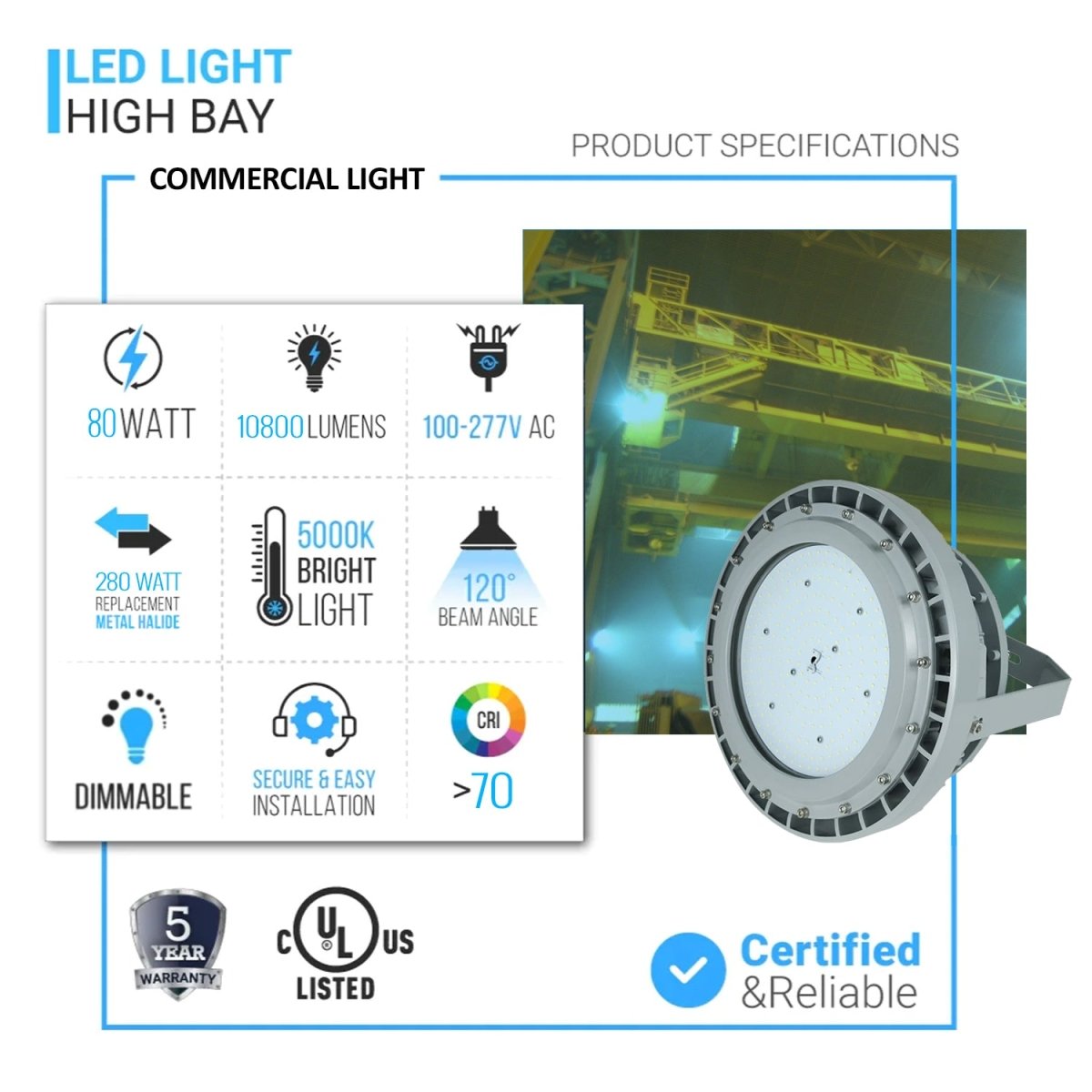 80 Watt LED Explosion Proof Round High Bay Light, C Series, Dimmable, 5000K, 10800LM, AC100-277V, IP66, Hazardous Location Lighting Fixtures