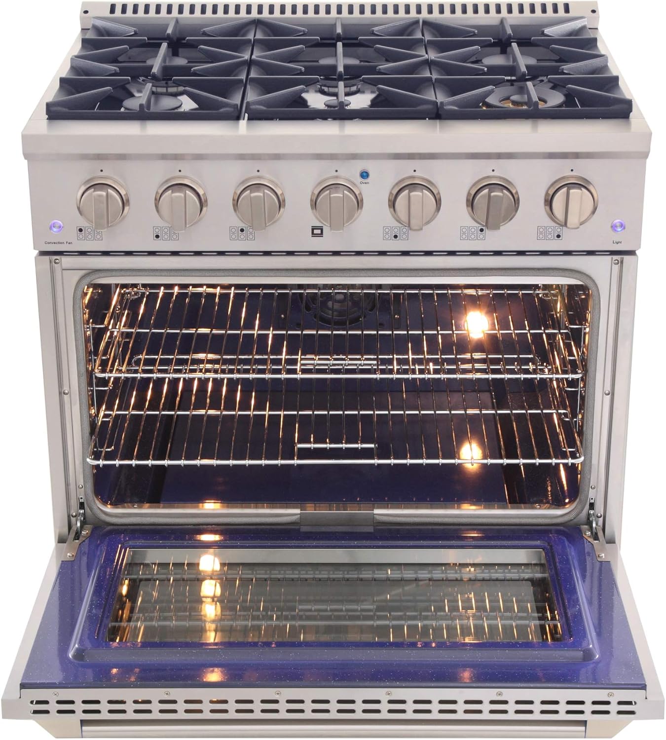 KUCHT Professional 36 in. 5.2 cu. ft. Dual Fuel Range for Propane Gas with Sealed Burners and Convection Oven in Stainless Steel with Gold Handle, Rings and Knobs.
