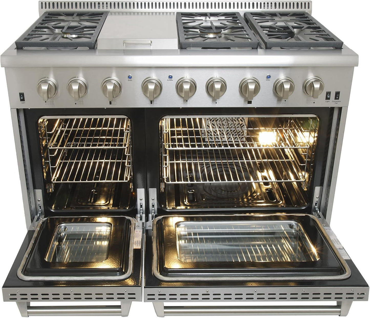 KUCHT Professional 48 in. 6.7 cu. ft. Dual Fuel Range for Propane Gas with Sealed Burners, Griddle and Convection Oven in Stainless Steel with Classic Silver Knobs