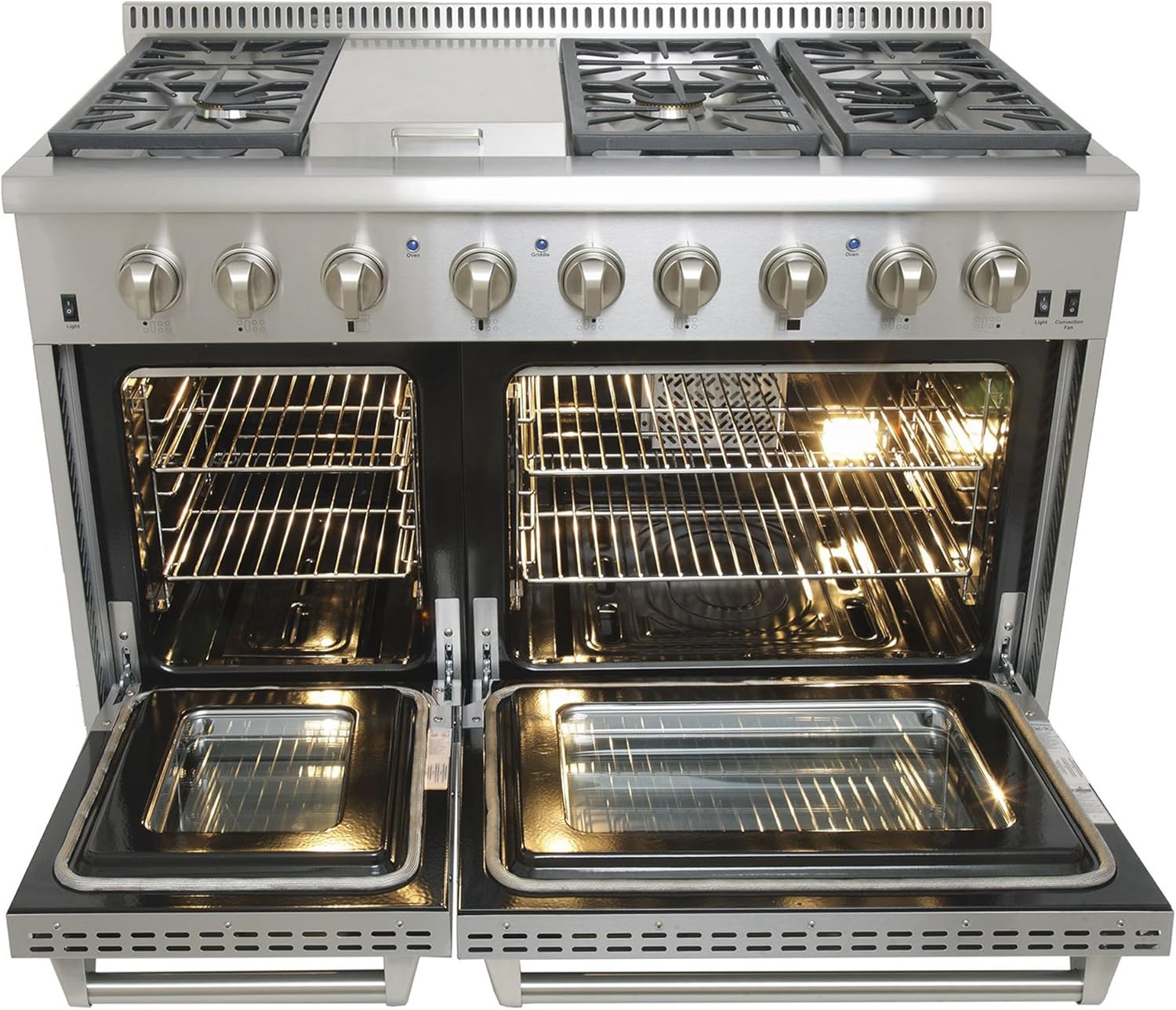 KUCHT Professional 48 in. 6.7 cu. ft. Dual Fuel Range for Propane Gas with Sealed Burners, Griddle and Convection Oven in Stainless Steel with Classic Silver Knobs