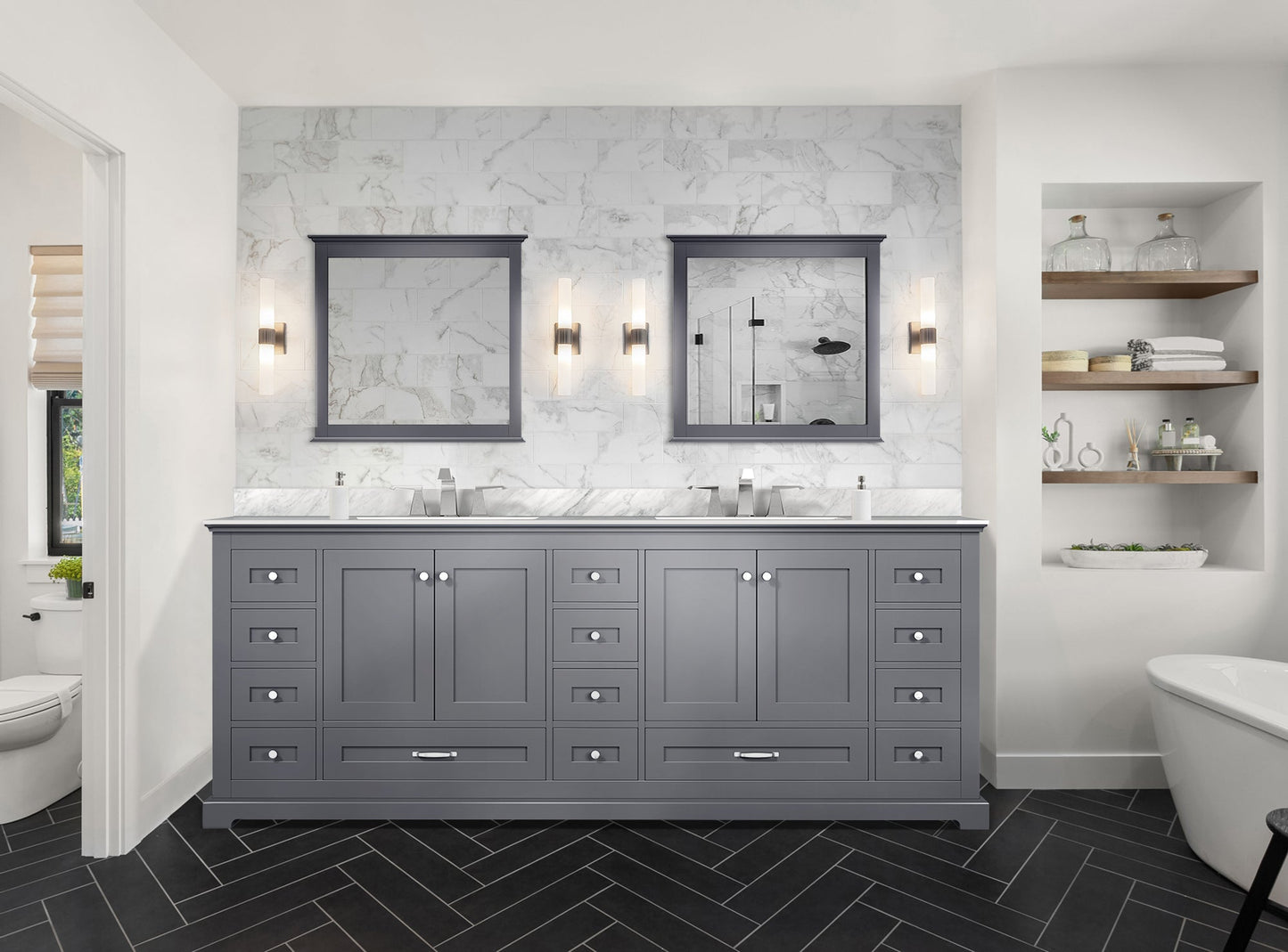 Dukes 84 in. Freestanding Bathroom Vanity with White Carrara Marble Top, White Square Sink