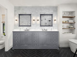Dukes 84" Dark Grey Double Vanity, White Quartz Top, White Square Sinks and 34" Mirrors w/ Faucets