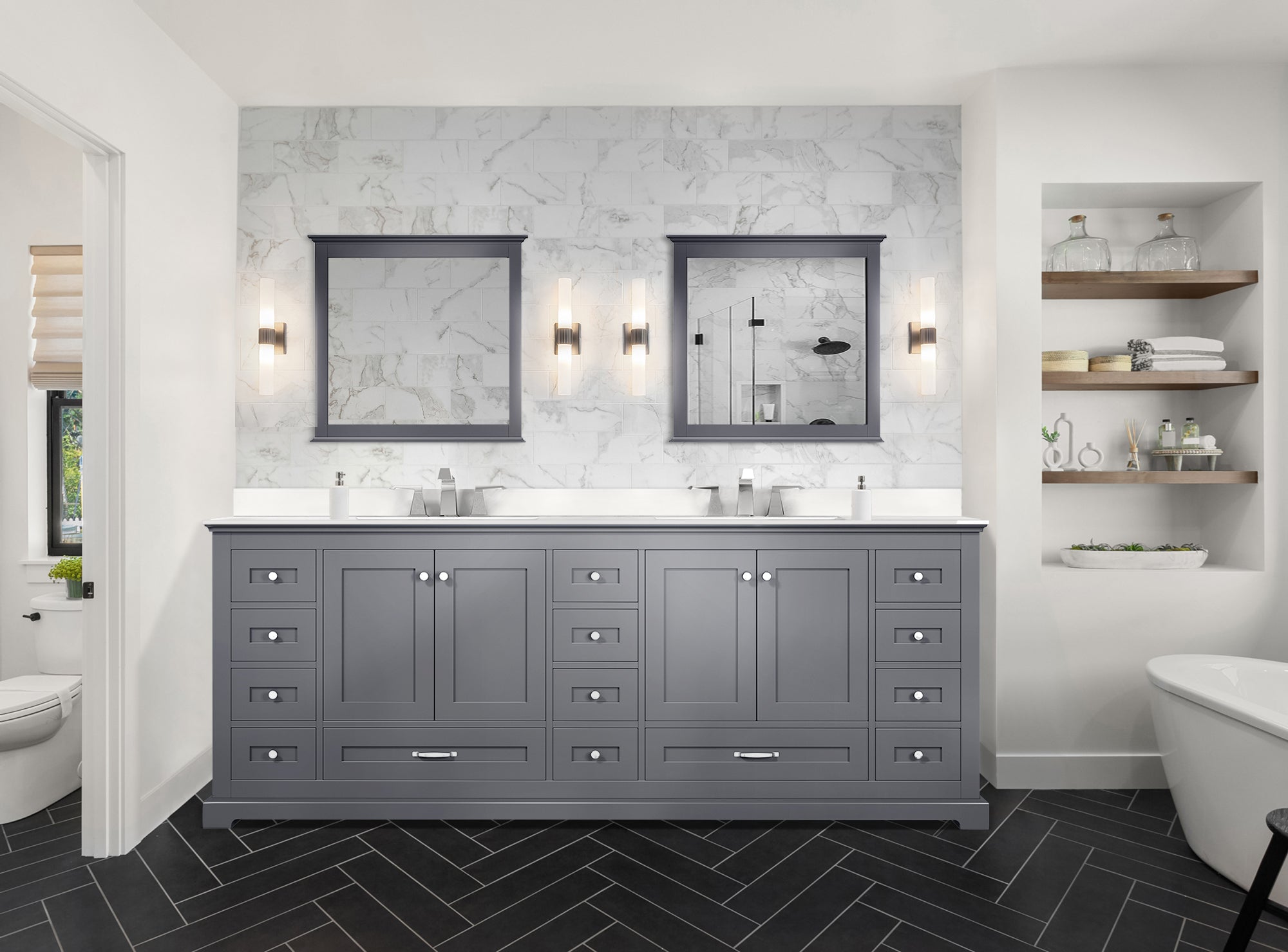 Dukes 84" Dark Grey Double Vanity, White Quartz Top, White Square Sinks and 34" Mirrors w/ Faucets