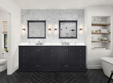 Dukes 84" Espresso Double Vanity, White Quartz Top, White Square Sinks and 34" Mirrors