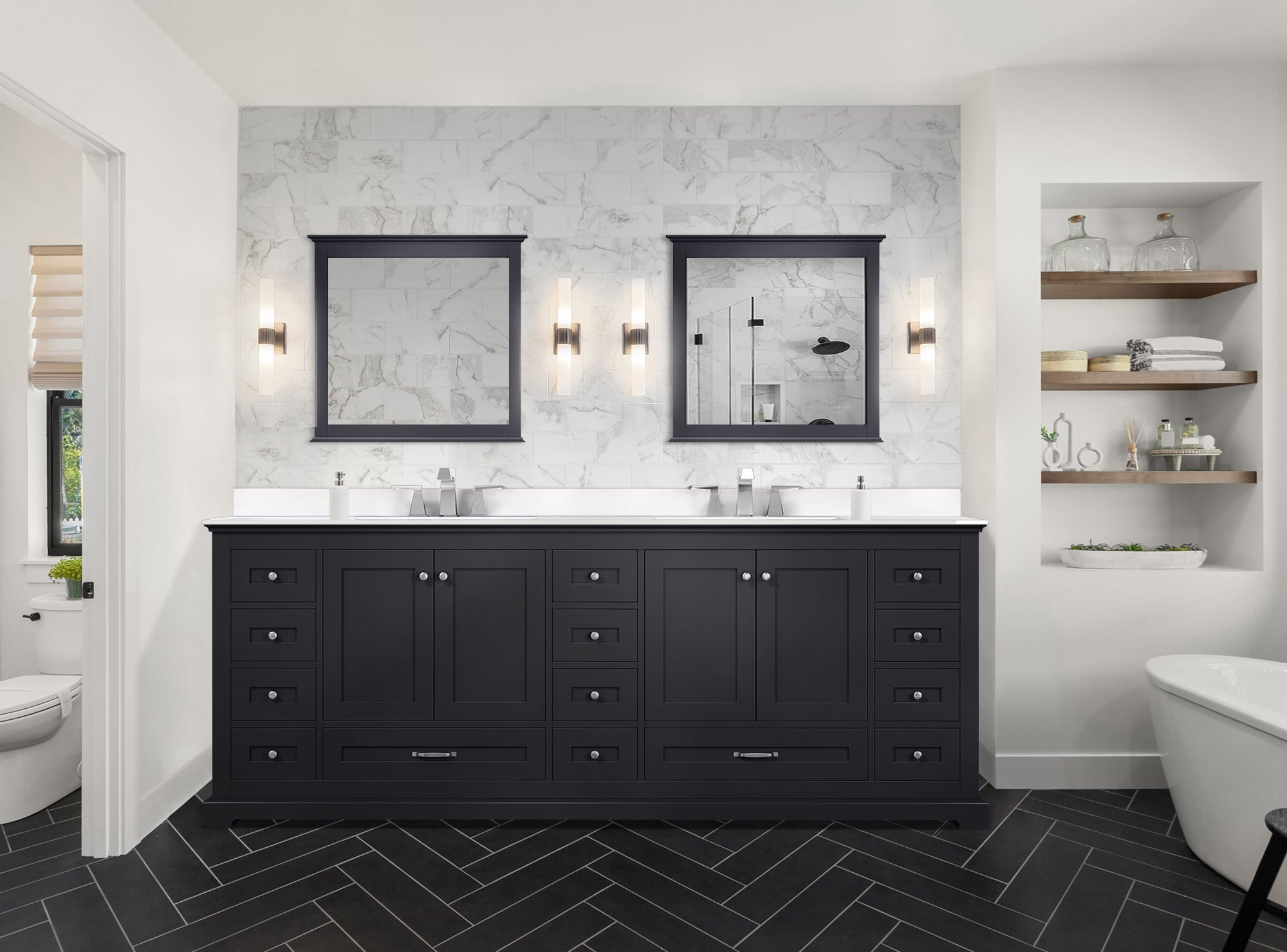 Dukes 84" Espresso Double Vanity, White Quartz Top, White Square Sinks and 34" Mirrors