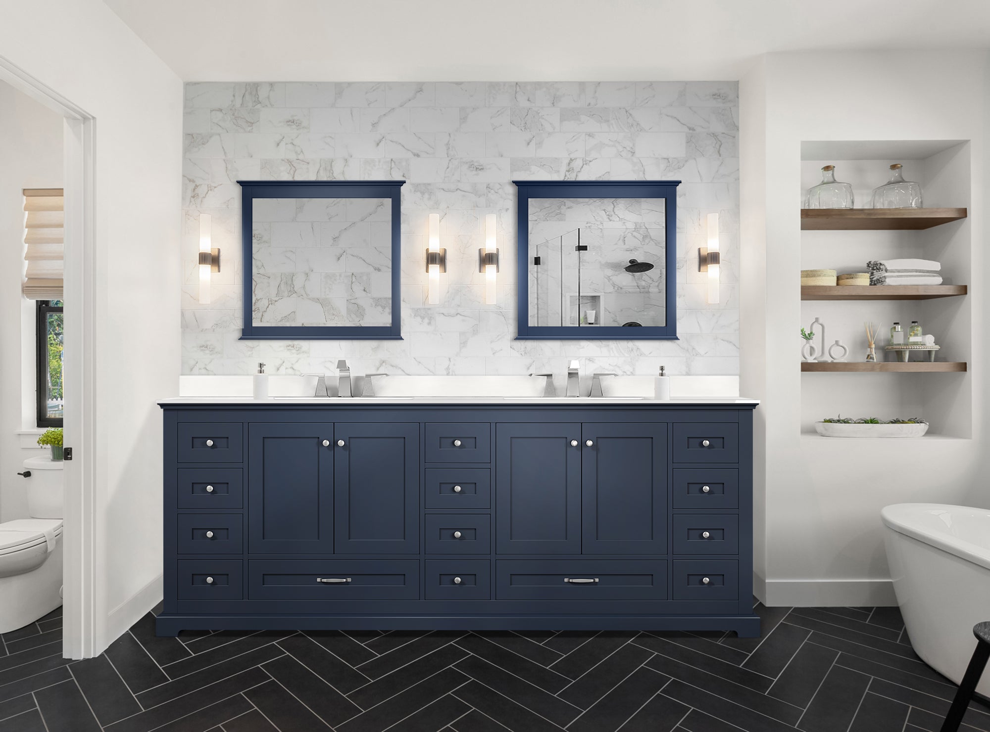 Dukes 84" Navy Blue Double Vanity, White Quartz Top, White Square Sinks and 34" Mirrors w/ Faucets