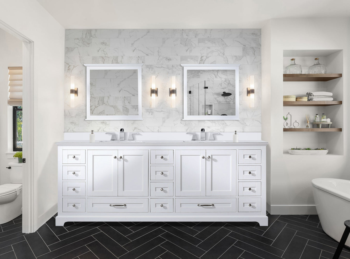 Dukes 84" White Double Vanity, White Quartz Top, White Square Sinks and 34" Mirrors w/ Faucets