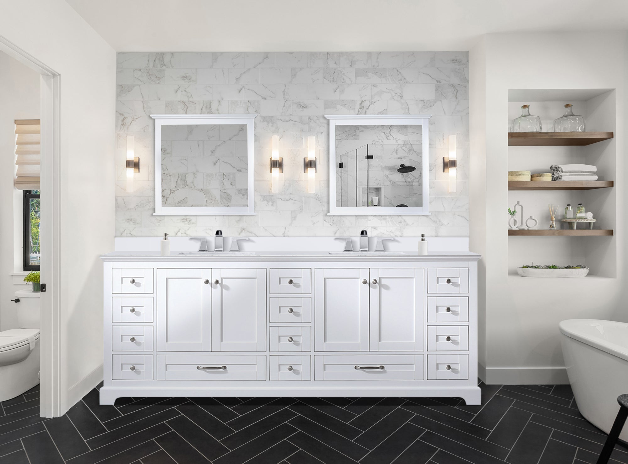 Dukes 84" White Double Vanity, White Quartz Top, White Square Sinks and 34" Mirrors w/ Faucets