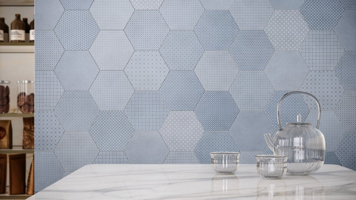 8.5 in Tapestri Denim Blend Hexagon Matte Pressed Glazed Porcelain Tile