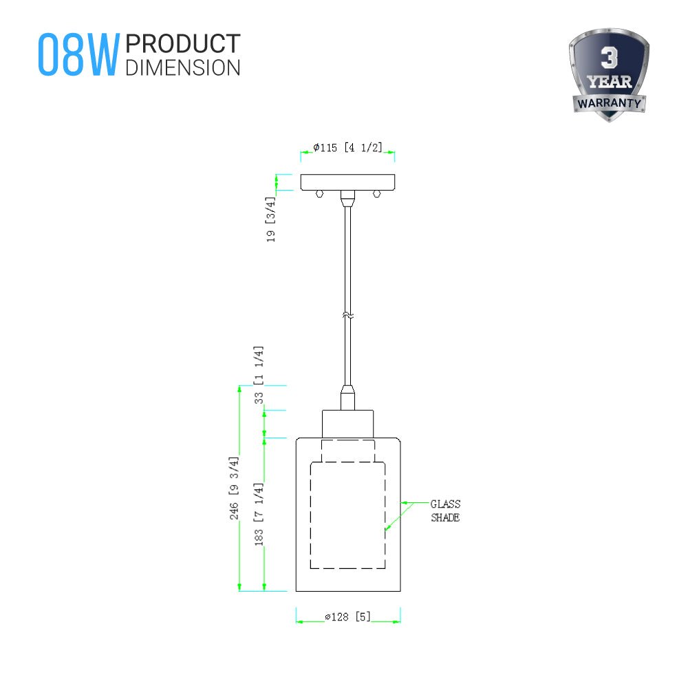 8W Cylinder Shape LED Pendant Light, Brushed Nickel Finish, 4000K (Cool White), 500 Lumens, ETL Listed