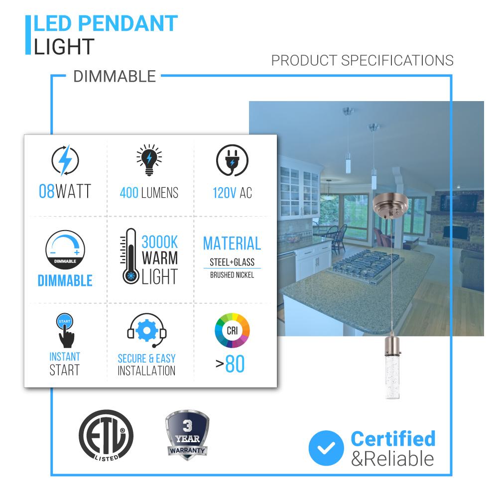 8W Dimmable LED Pendant Ceiling Light, 3000K (Warm White), Seedy Glass Shade, Dimmable, 400 Lumens, ETL Listed