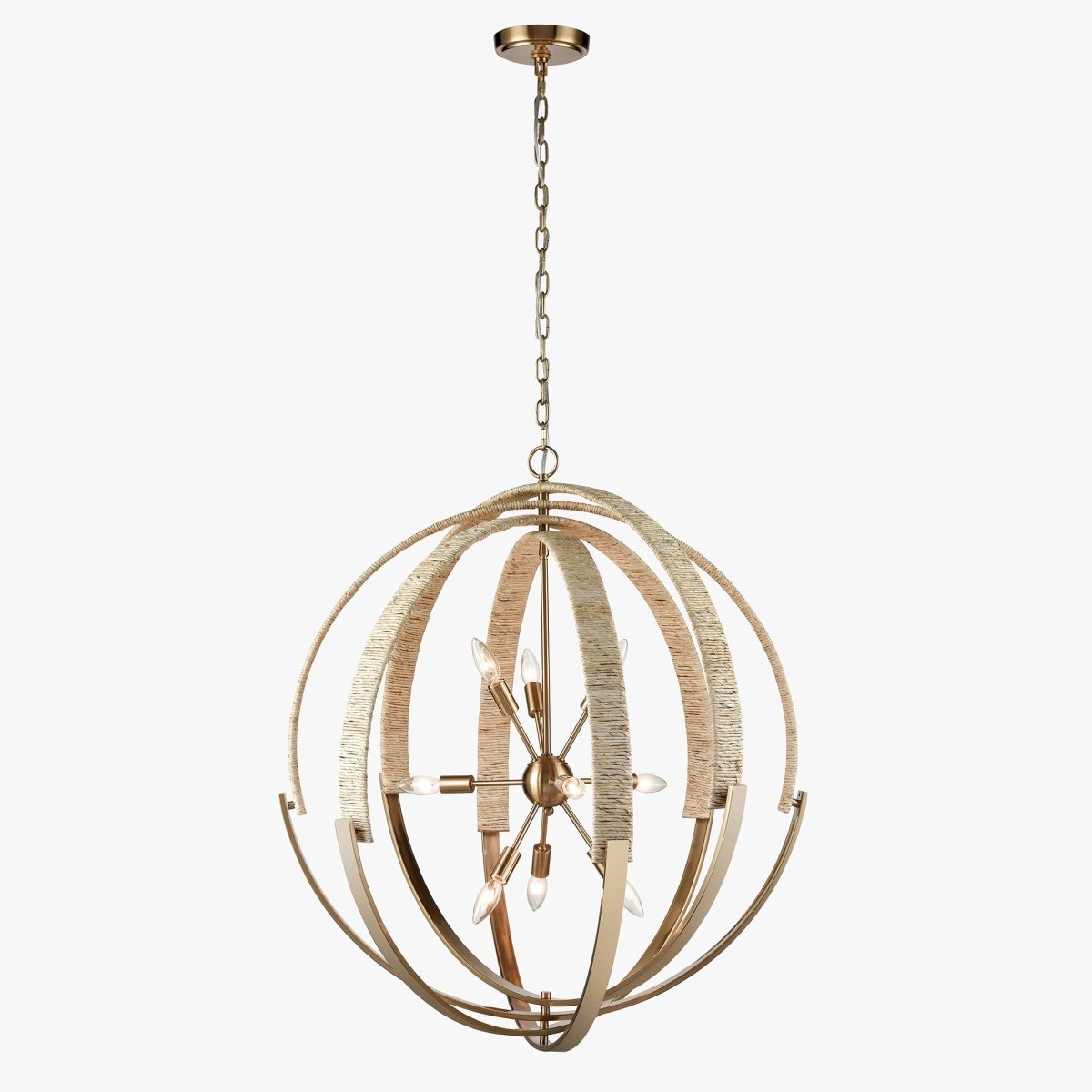 9-Light Brass Finish Hardware with Nature Brown Corn Leaf Rope Pendant Light, E12 Base - 31“D x 36"H