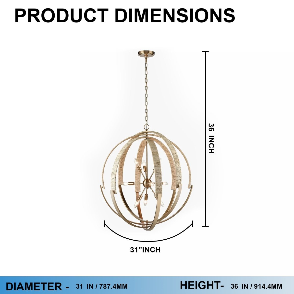 9-Light Brass Finish Hardware with Nature Brown Corn Leaf Rope Pendant Light, E12 Base - 31“D x 36"H