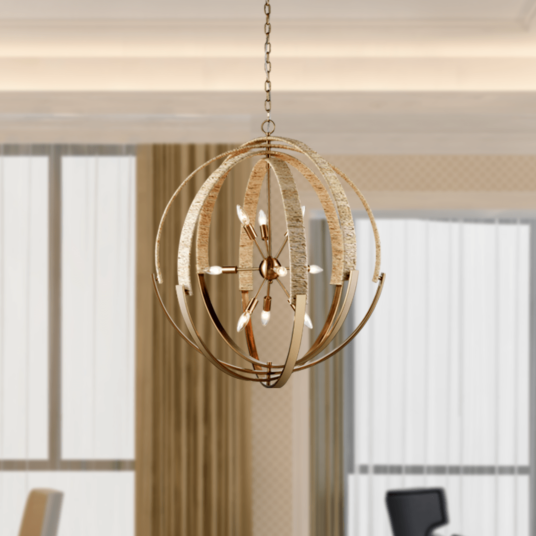 9-Light Brass Finish Hardware with Nature Brown Corn Leaf Rope Pendant Light, E12 Base - 31“D x 36"H