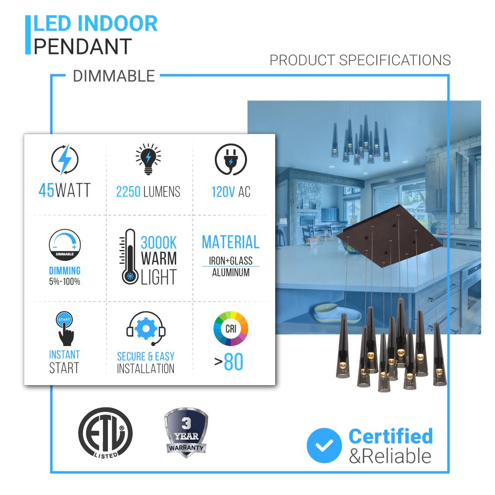 9-Lights, Multi Light Pendant with Smoke grey Body Finish,45W, 3000K, 2250LM, Dimmable, For Kitchen Island Dining Room Living Room Cafe Pub