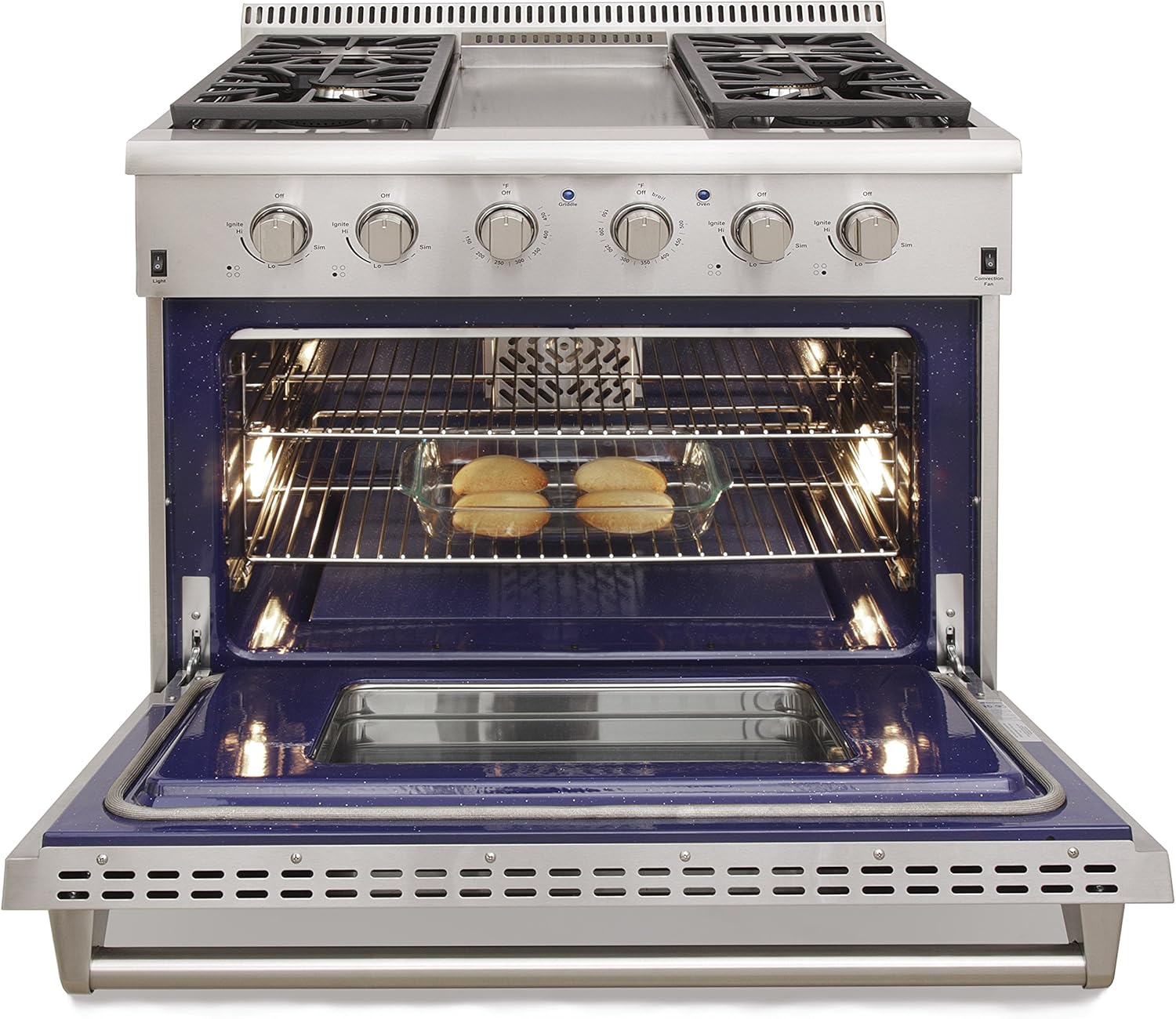 KUCHT Professional 36 in. 5.2 cu. ft. Propane Gas Range with Sealed Burners, Griddle and Convection Oven in Stainless Steel with Classic Silver Knobs