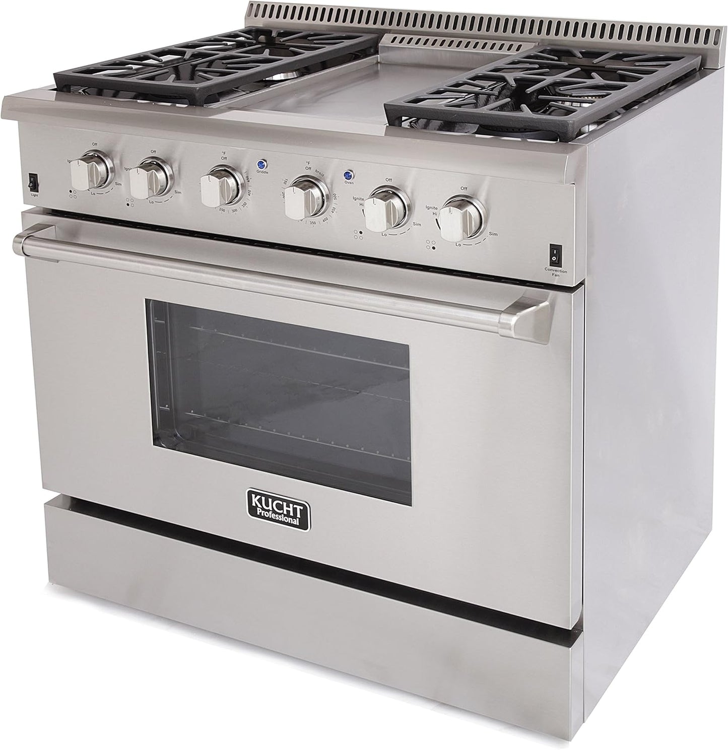 KUCHT Professional 36 in. 5.2 cu. ft. Propane Gas Range with Sealed Burners, Griddle and Convection Oven in Stainless Steel with Classic Silver Knobs