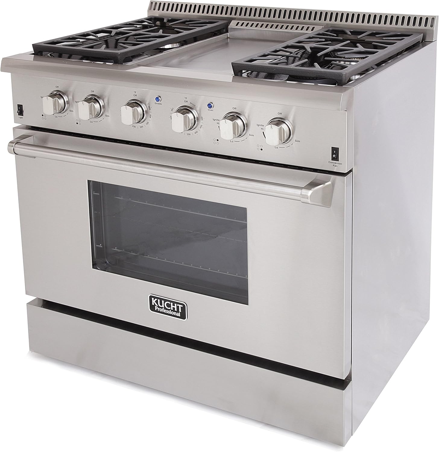 KUCHT Professional 36 in. 5.2 cu. ft. Propane Gas Range with Sealed Burners, Griddle and Convection Oven in Stainless Steel with Classic Silver Knobs