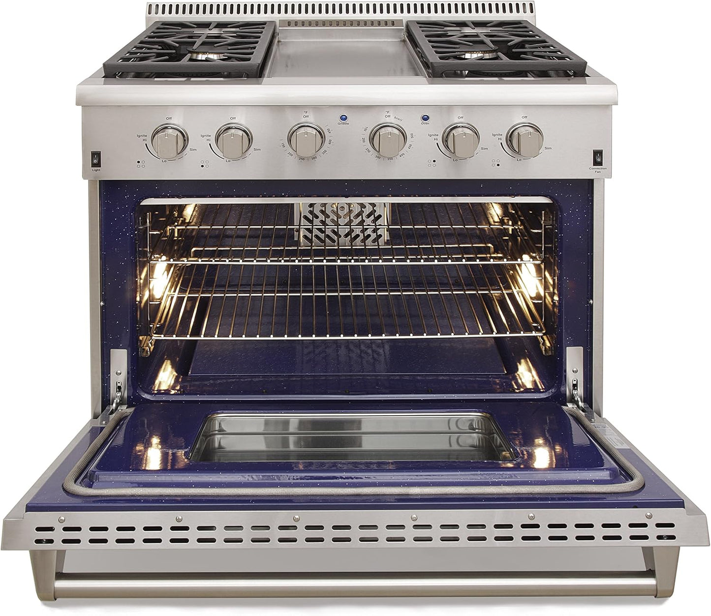 KUCHT Professional 36 in. 5.2 cu. ft. Propane Gas Range with Sealed Burners, Griddle and Convection Oven in Stainless Steel with Classic Silver Knobs