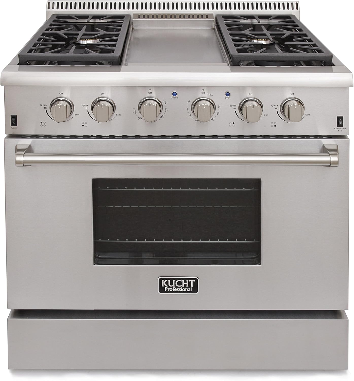 KUCHT Professional 36 in. 5.2 cu. ft. Propane Gas Range with Sealed Burners, Griddle and Convection Oven in Stainless Steel with Classic Silver Knobs