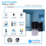 9W Cylinder LED Wall Sconce Light 5000K Daylight White, 500 Lumens, LED Outdoor Wall Light, Clear Bubble Glass, 120V Dimmable ETL Listed Textured Black Finish