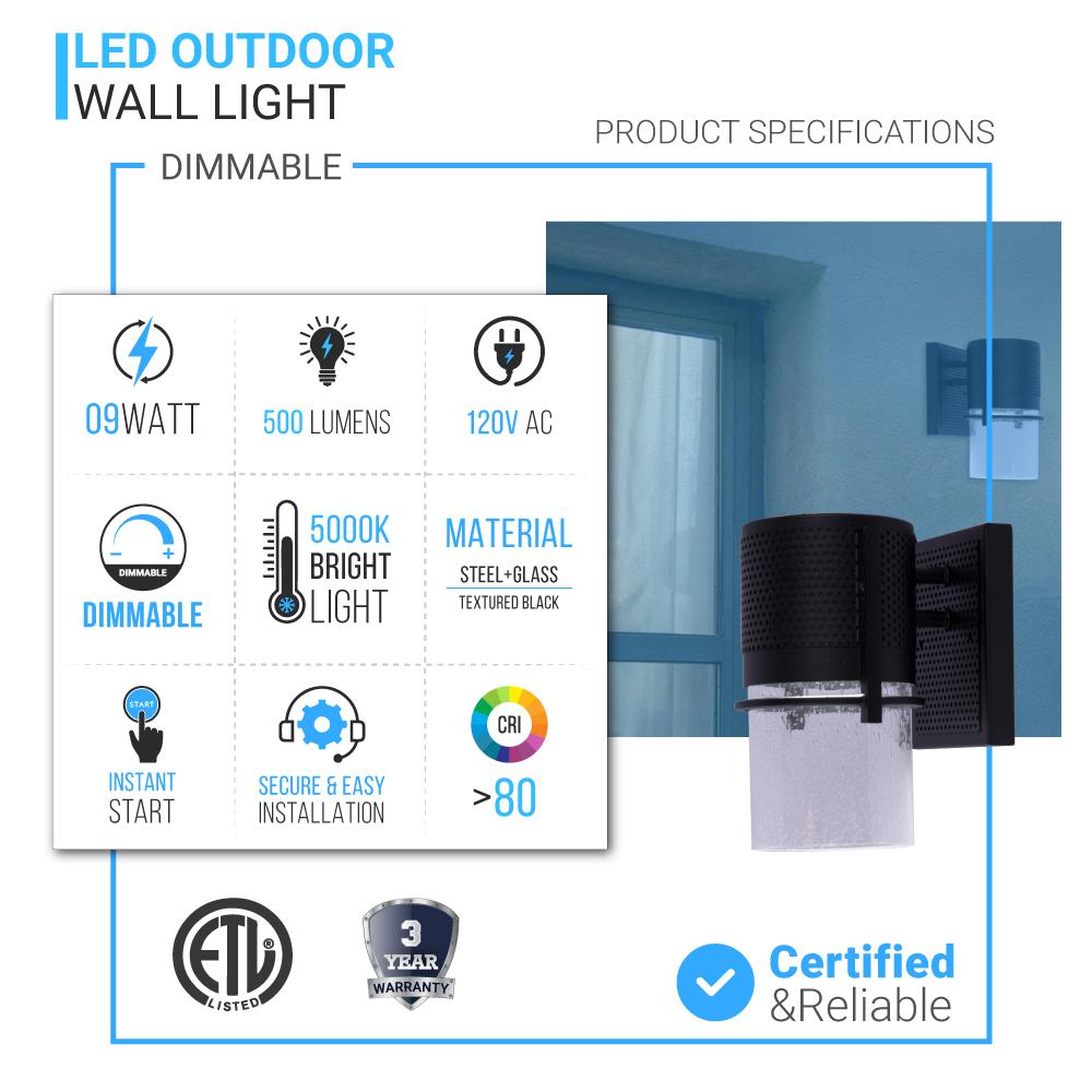 9W Cylinder LED Wall Sconce Light 5000K Daylight White, 500 Lumens, LED Outdoor Wall Light, Clear Bubble Glass, 120V Dimmable ETL Listed Textured Black Finish