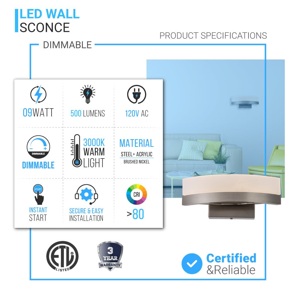 9W LED Wall Sconce Light, 3000K Warm White 500LM 120V Brushed Nickel Finish, ETL Listed, Dimmable, Hallway Light Fixtures