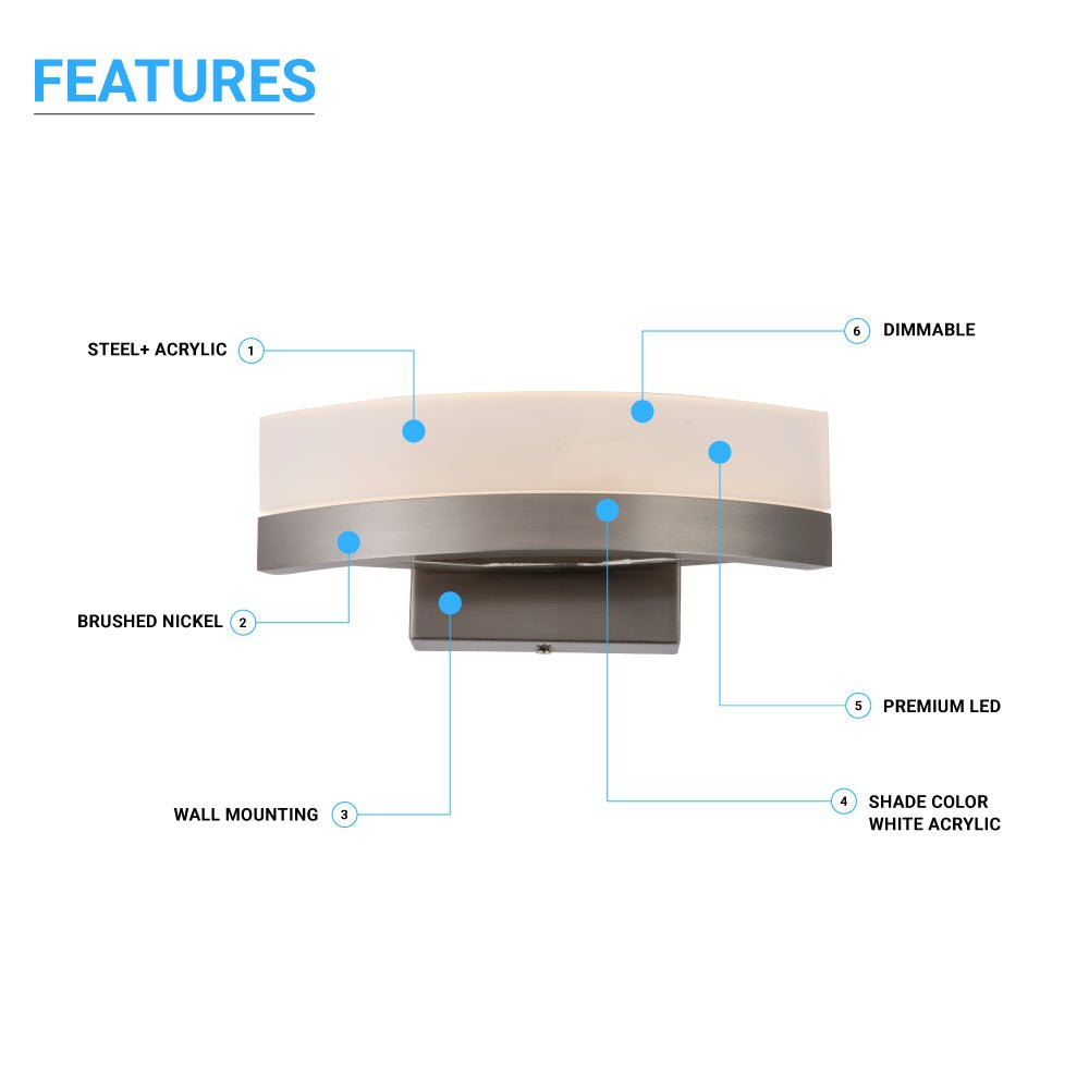 9W LED Wall Sconce Light, 3000K Warm White 500LM 120V Brushed Nickel Finish, ETL Listed, Dimmable, Hallway Light Fixtures