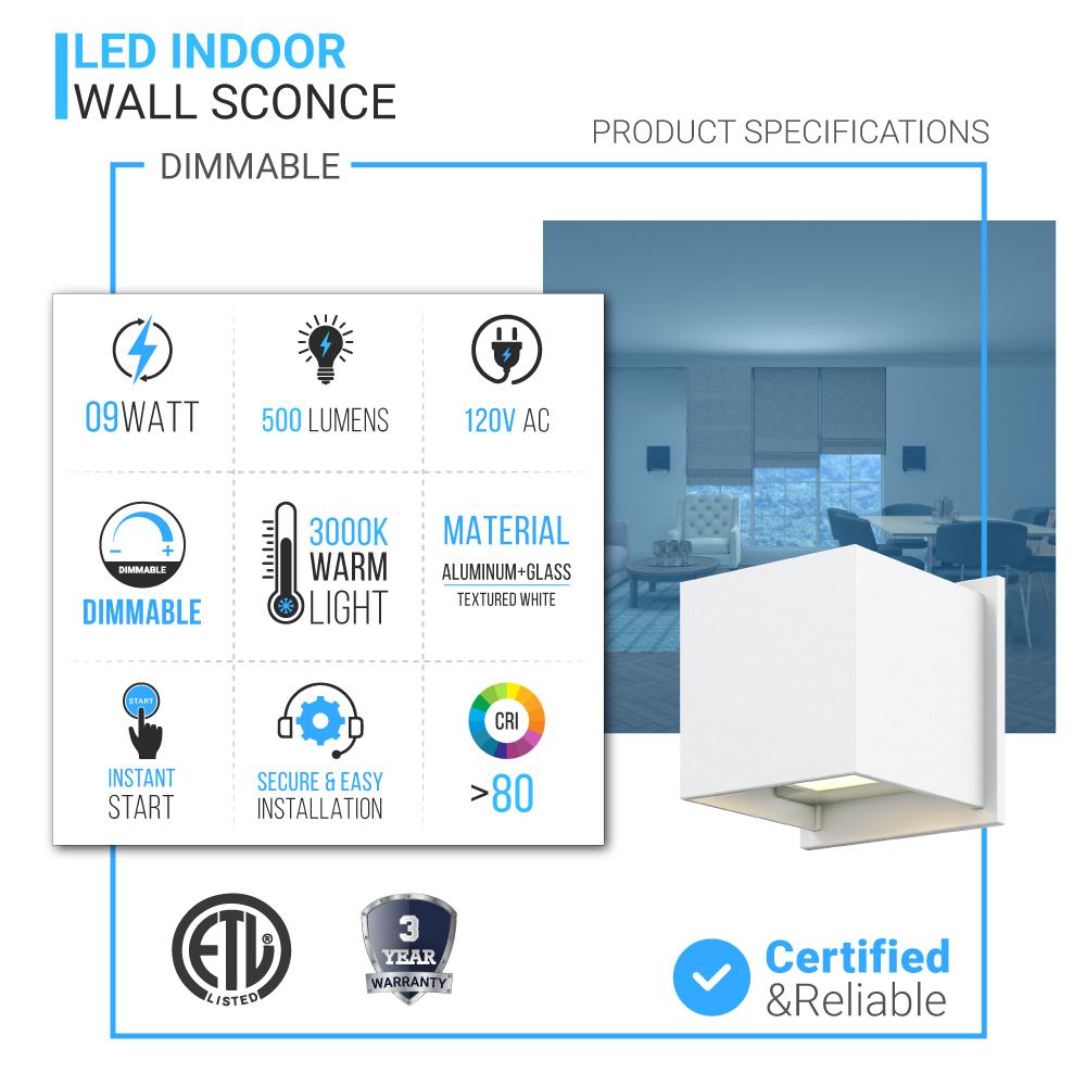9W Square Shape LED Wall Sconce, 3000K Warm White, 500LM, Clear Glass, Wall Mount, 120V Triac Dimmable ETL Damp Location