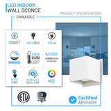 9W Square Shape LED Wall Sconce, 3000K Warm White, 500LM, Clear Glass, Wall Mount, 120V Triac Dimmable ETL Damp Location