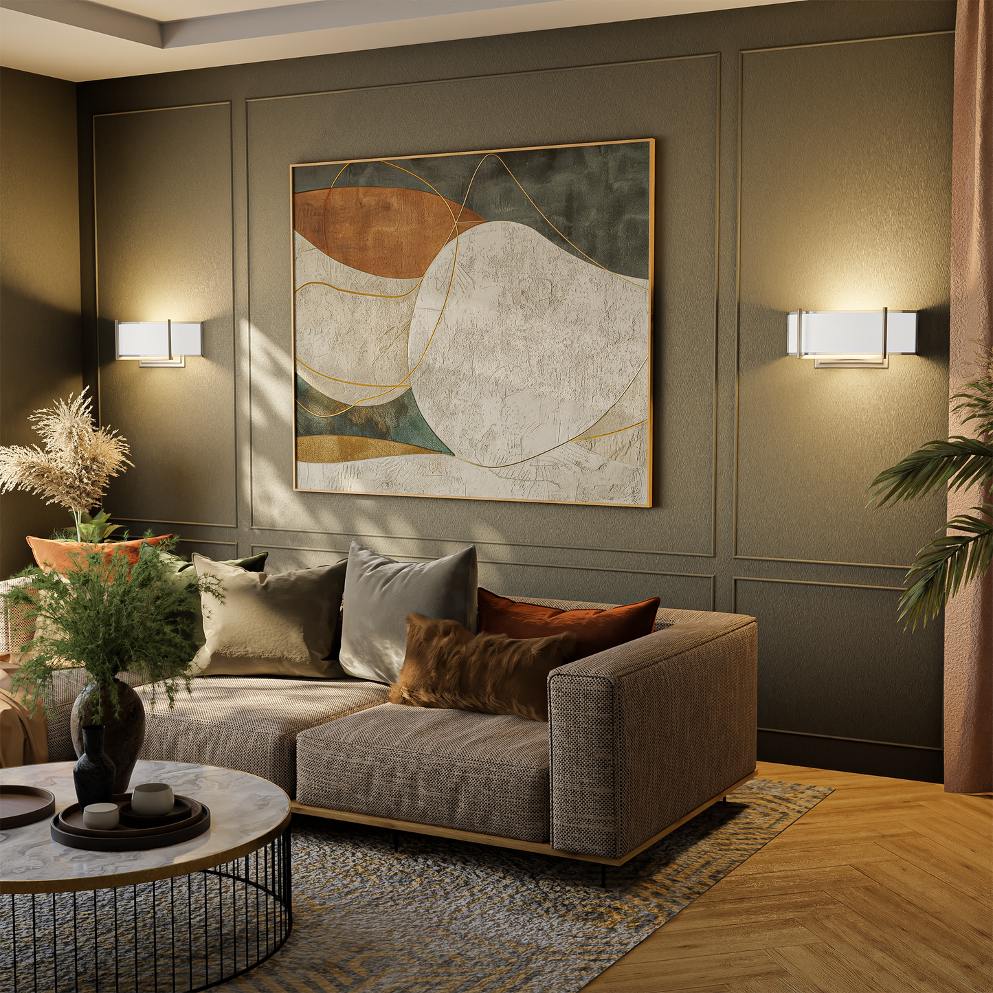 2-Lights, Flush Mounted Wall Sconce, 120 Volt, Dimmable, Brushed Nickel / Slate Gray Fabric, Hardwired