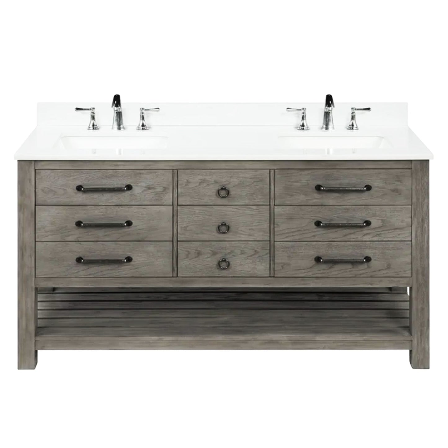 Orkney 61 In. Freestanding Solid Wood Bathroom Vanity with Carrara White Engineered Stone Sink Top with 4 In. Backsplash in Smoked Wood Finish