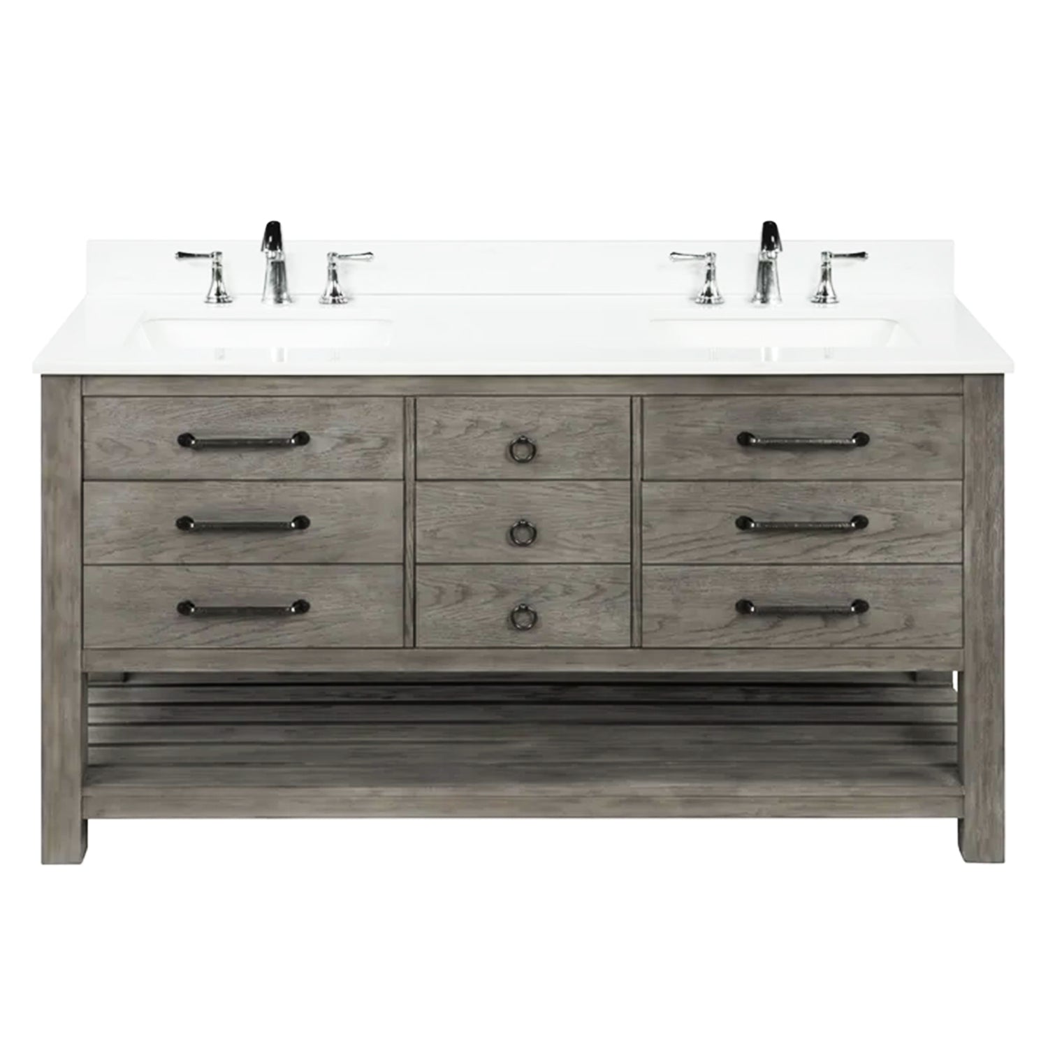 Orkney 61 In. Freestanding Solid Wood Bathroom Vanity with Carrara White Engineered Stone Sink Top with 4 In. Backsplash in Smoked Wood Finish