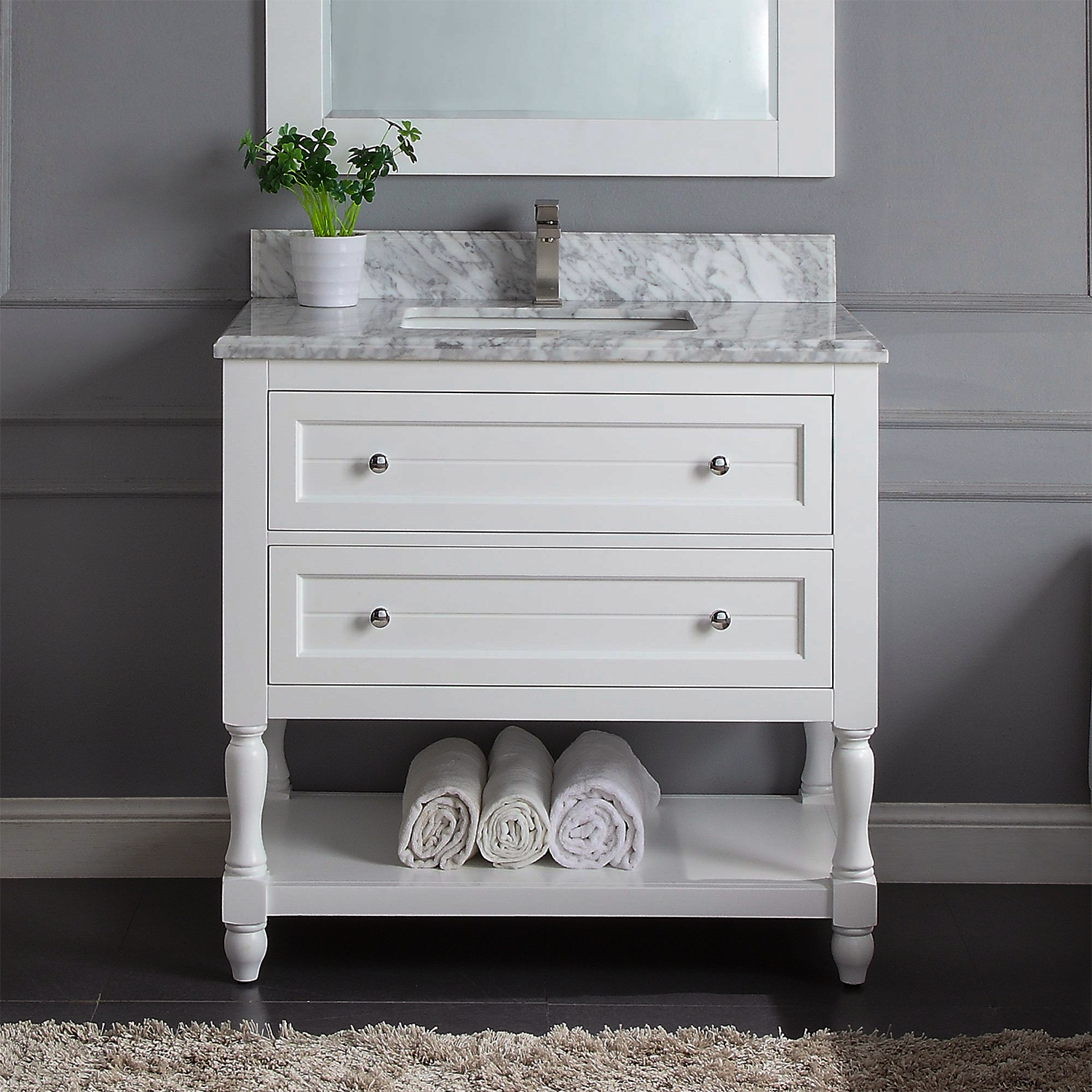 36" Elizabeth Freestanding Solid Wood White Bathroom Vanity with Carrara Natural Marble Sink Top with 4 In. Backsplash