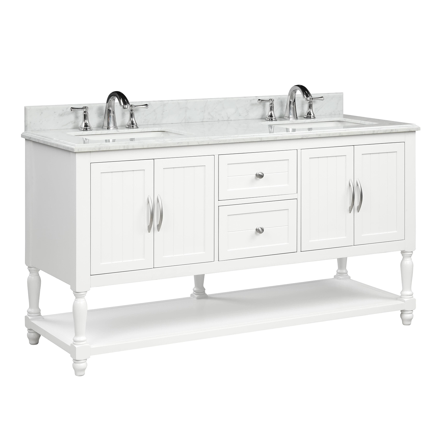 60" Elizabeth Freestanding Solid Wood White Bathroom Vanity with Carrara Natural Marble Double Sink Top with 4 In. Backsplash