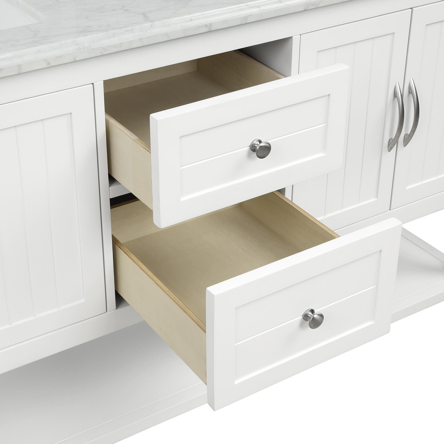 60" Elizabeth Freestanding Solid Wood White Bathroom Vanity with Carrara Natural Marble Double Sink Top with 4 In. Backsplash