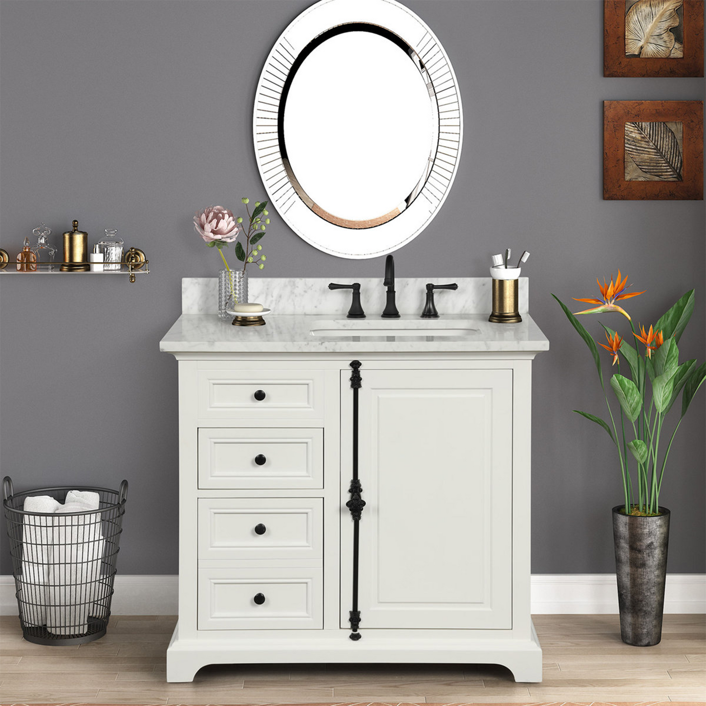 36" Icon Premium Freestanding Solid Wood White Bathroom Vanity with 1 In. Thick Premium Carrara Natural Marble Sink Top with 4 In. Backsplash