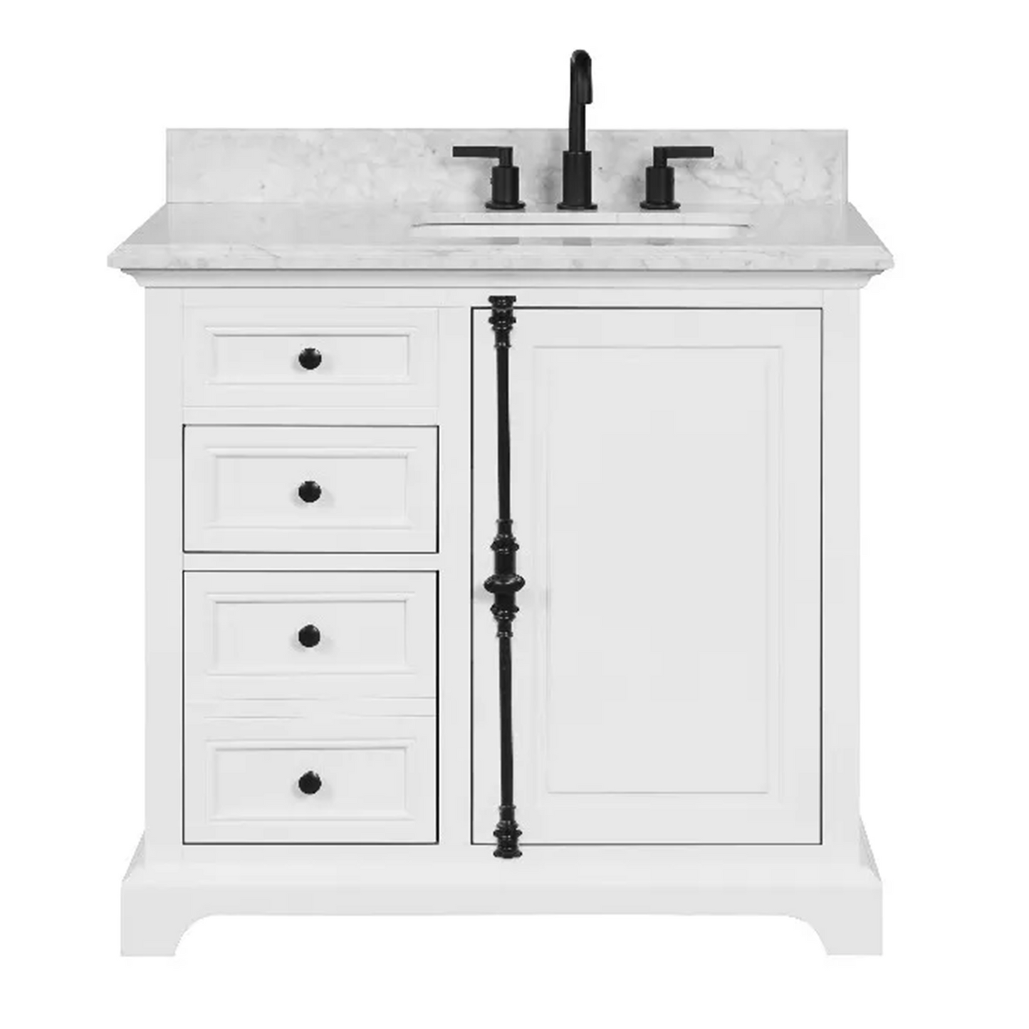36" Icon Premium Freestanding Solid Wood White Bathroom Vanity with 1 In. Thick Premium Carrara Natural Marble Sink Top with 4 In. Backsplash