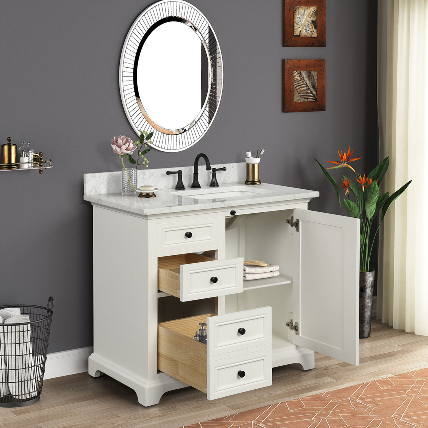 36" Icon Premium Freestanding Solid Wood White Bathroom Vanity with 1 In. Thick Premium Carrara Natural Marble Sink Top with 4 In. Backsplash